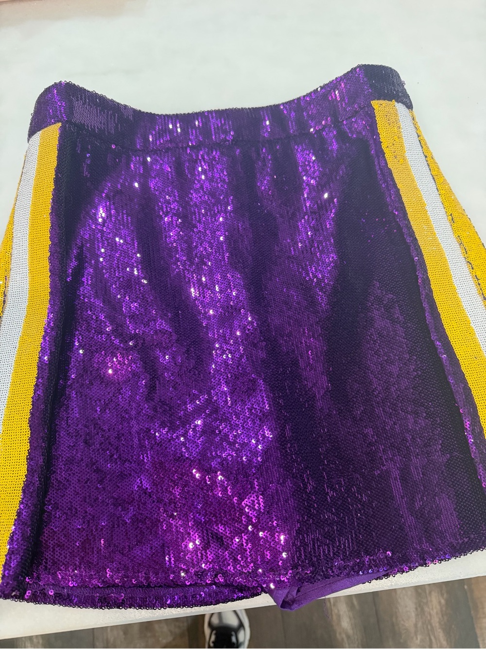 QUEEN OF SPARKLES Purple Sequin Mini Skirt with Yellow & White Stripes